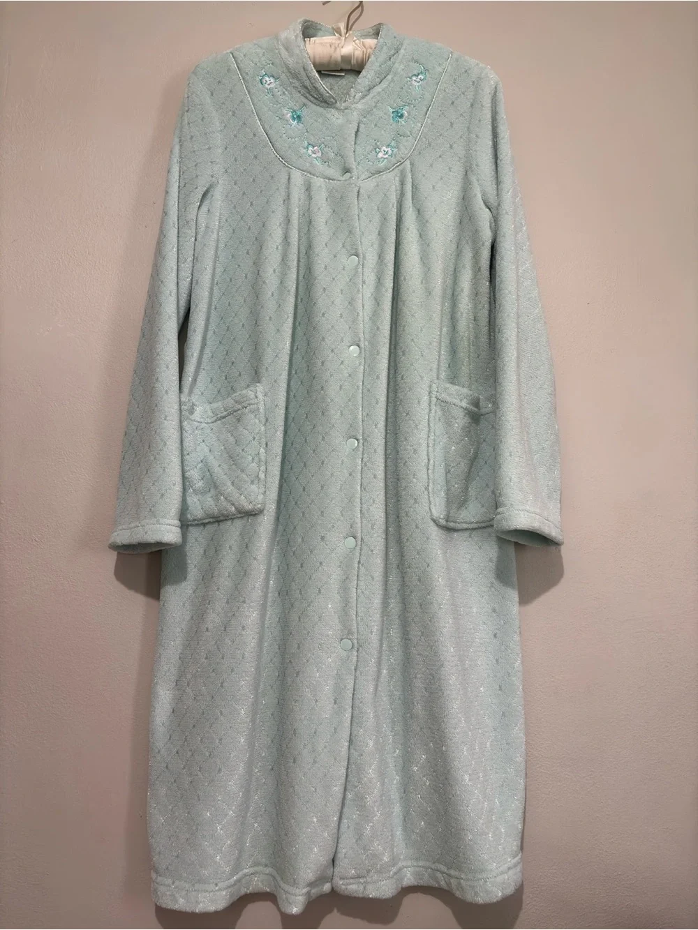Croft & Barrow Vintage Granny Cottage Fuzzy Plush Robe Size Medium Blue Teal - Picture 5 of 9